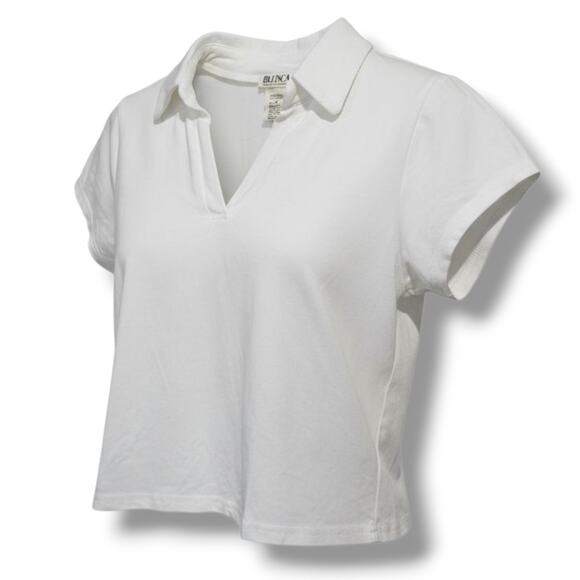 Blenca Women’s White Collared V-Neck Cropped Top Size Medium - Picture 2 of 5